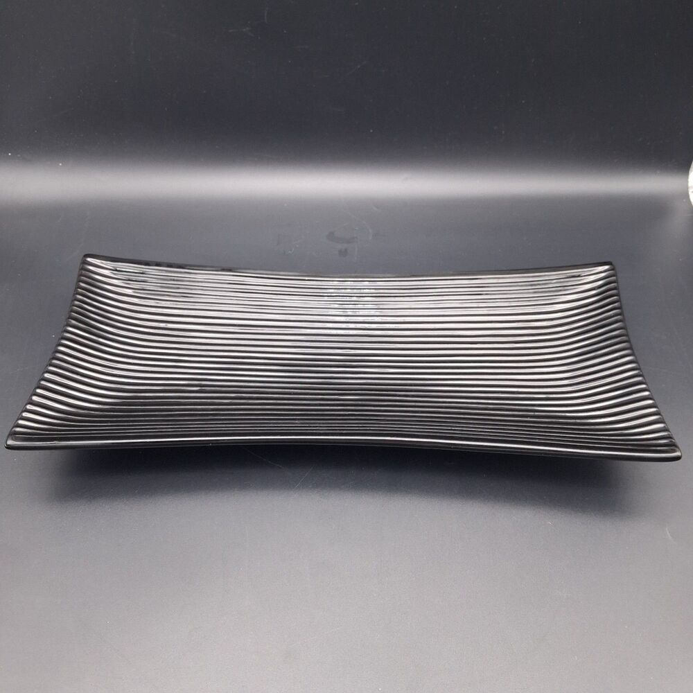 Crate & Barrel Elegant Ribbed Rectangular Black Ceramic Tray 14.25" by 6.25"